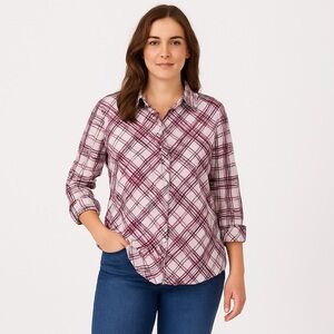 Kim Rogers 𝅺Women’s Plaid Button Down Top, Pink & White, Size L